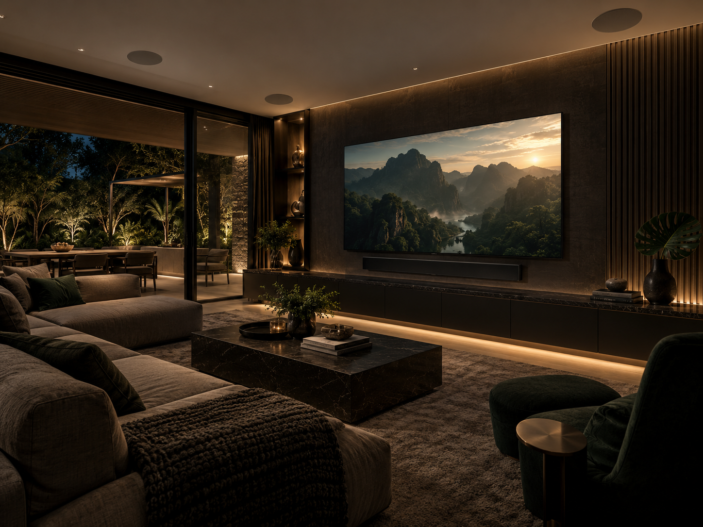Ambiente residencial com cinema e áudio integrados à arquitetura