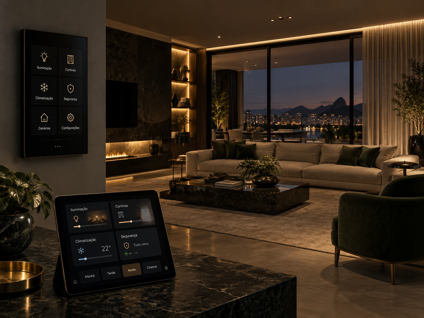 Sala inteligente com automação integrada por painel e tablet